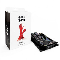 Глянцевые виниловые перчатки Art of Sex - Lora, размер S, цвет черный с эффектом голограммы — Просмотреть изображение 4