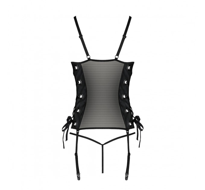 Сітчастий корсет з люверсами і знімними пажами Passion MALWIA CORSET 2XL/3XL black екошкіра, стрінги