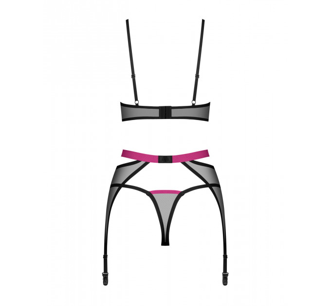 Комплект Obsessive Novenes 3-pcs set, M/L, прозорий ліф на кісточках, стрінги, пояс