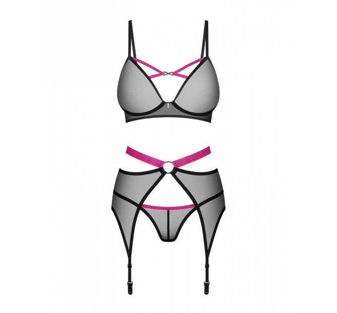 Комплект Obsessive Novenes 3-pcs set, M/L, прозорий ліф на кісточках, стрінги, пояс