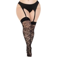 Панчохи Leg Avenue Wild rose net thigh highs, 1X/2X, чорні, широка резинка, малюнок-троянди — Переглянути зображення 3