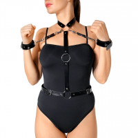 Жіноча портупея з наручниками Art of Sex - Ursula чорна XS-2XL, екошкіра