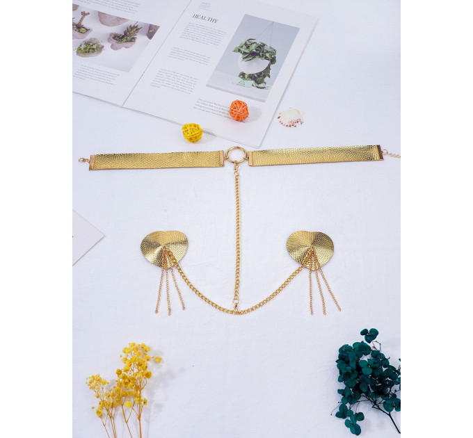 Пестис-сердечка з пензликами та чокером JSY Nipple Sticker RT236114 Golden