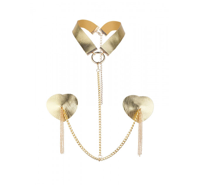 Пестис-сердечка з пензликами та чокером JSY Nipple Sticker RT236114 Golden