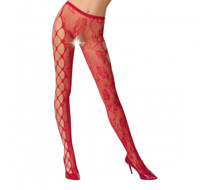 Еротичні колготки-бодістокінг Passion S008 red, ажурні колготки з вирізом та лампасами-сіткою