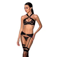 Сітчастий набір з візерунком Passion HIMA SET XXL/XXXL, Black, бюстгальтер, трусики, пояс для панчіх — Переглянути зображення 1