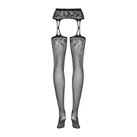 Панчохи-стокінги з рослинним малюнком Obsessive Garter stockings S206 black S/M/L чорні, імітація га — Переглянути зображення 6
