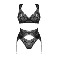Комплект білизни Obsessive Donna Dream 3-pcs set M/L Black, бюстгальтер, стрінги, пояс для панчіх — Переглянути зображення 3
