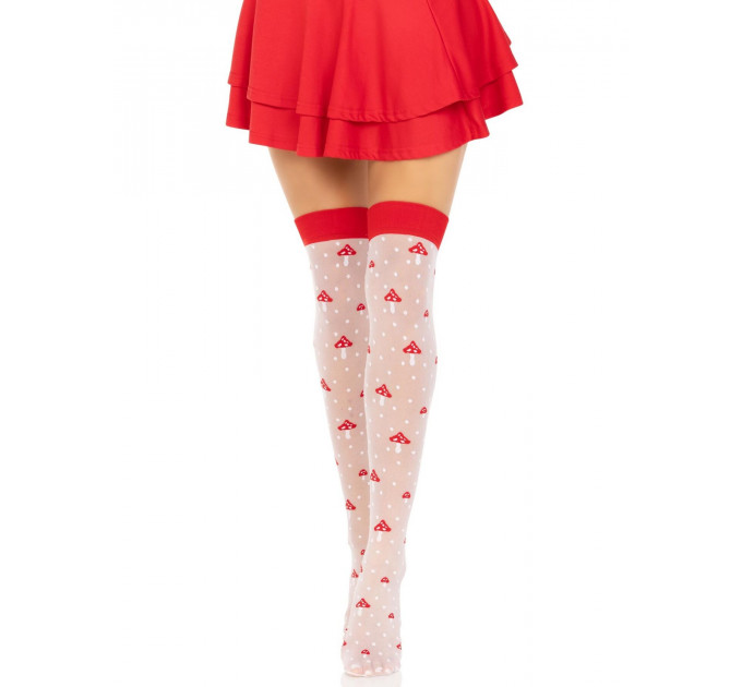 Панчохи Leg Avenue Polka Dot Mushroom Thigh Highs, One Size, біло-червоні, на резинці, малюнок — гриби