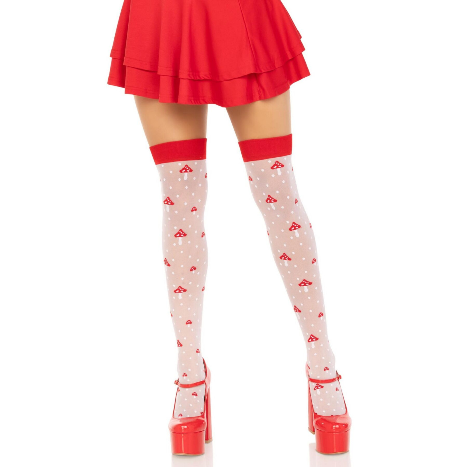 Панчохи Leg Avenue Polka Dot Mushroom Thigh Highs, One Size, біло-червоні, на резинці, малюнок — гриби