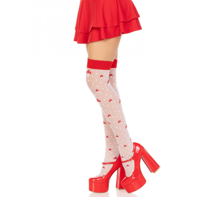 Панчохи Leg Avenue Polka Dot Mushroom Thigh Highs, One Size, біло-червоні, на резинці, малюнок — гриби