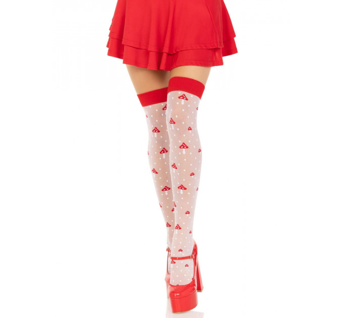 Панчохи Leg Avenue Polka Dot Mushroom Thigh Highs, One Size, біло-червоні, на резинці, малюнок — гриби