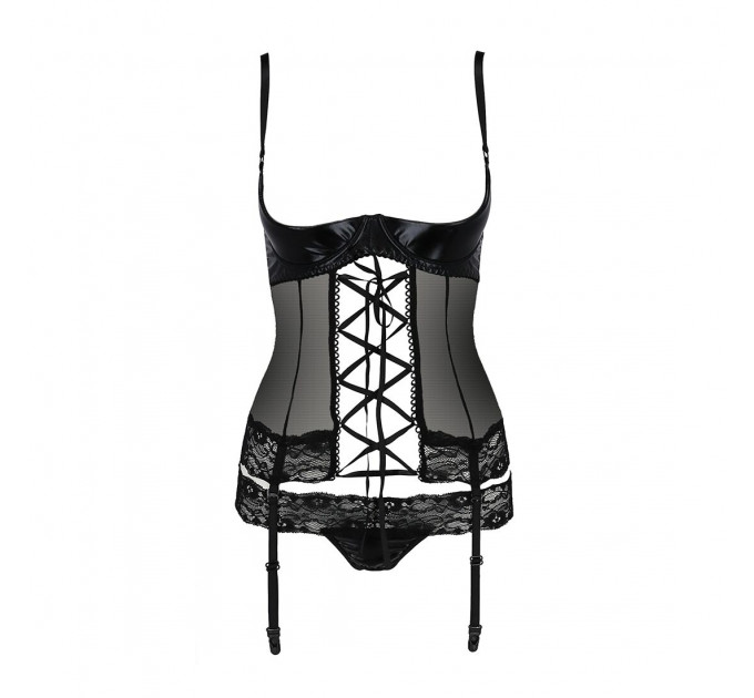 Корсет з відкритими грудьми Passion Exclusive NORTH CORSET L/XL, black, пажі, трусики, шнурівка