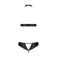 Комплект Passion MALWIA SET with Open Bra S/M Black, відкритий топ та трусики з екошкіри з люверсами — Переглянути зображення 4