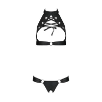 Комплект Passion MALWIA SET with Open Bra S/M Black, відкритий топ та трусики з екошкіри з люверсами — Переглянути зображення 3