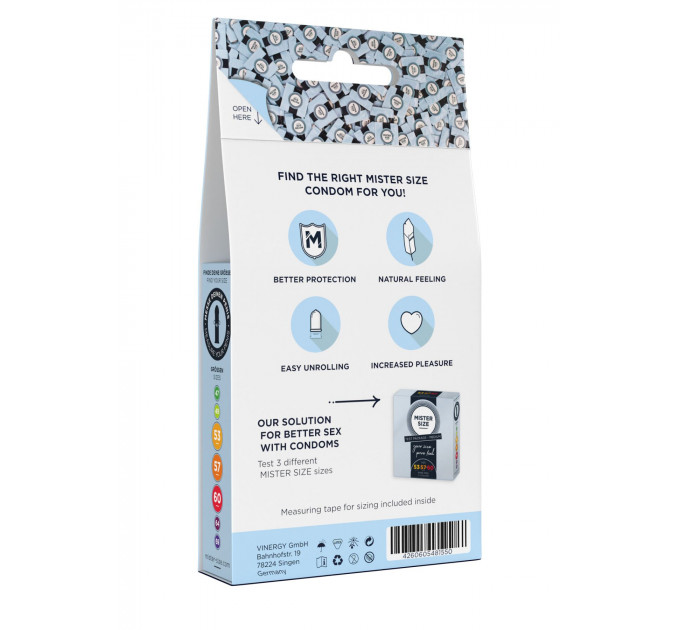 Набір презервативів Mister Size test-set 53–57–60, 3 розміри + лінійка, товщина 0,05 мм