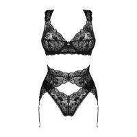 Комплект белья Obsessive Donna Dream 3-pcs set XL/2XL Black, бюстгальтер, стринги, пояс для чулок