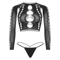 Комплект бесшовного белья Leg Avenue Long sleeve crop top & string Black, One Size, топ, стринги