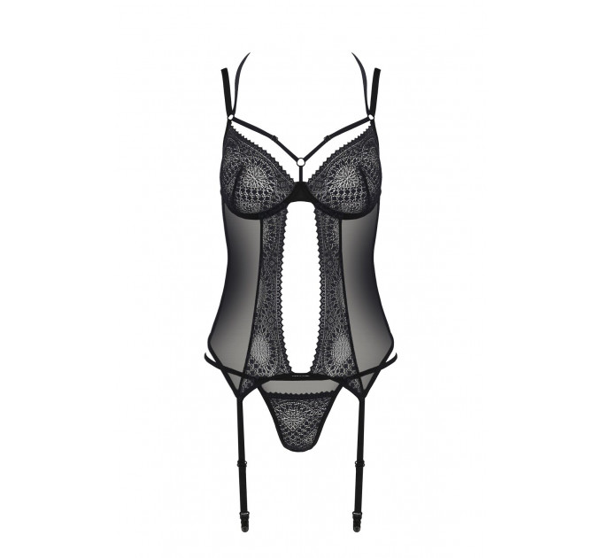 Корсет Passion DROSERA CORSET black, XXL/XXXL, з кріпленнями для панчіх, трусики в комплекті