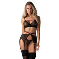 Комплект Obsessive Novenes 3-pcs set, XS/S, прозорий ліф на кісточках, стрінги, пояс — Переглянути зображення 1
