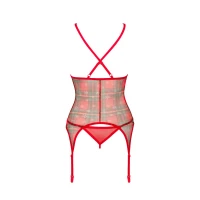 Корсет Obsessive Jollymore corset, M/L, у клітинку, з мереживом, пажі для панчіх, стрінги в комплекті — Переглянути зображення 4