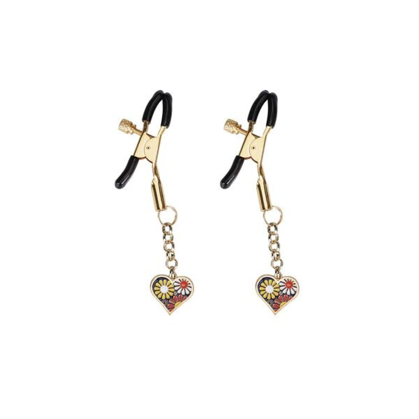 Затискачі для сосків з підвіскою Liebe Seele Nipple Clamps Gold Heart-shaped Flowers on Blue
