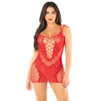 Еротична мінісукня Leg Avenue Lace and Net Mini Dress, Red, One Size, ажурна, відкрита спина — Переглянути зображення 5