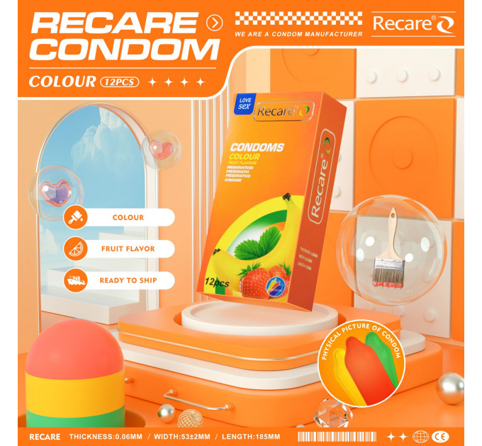 Презервативи Recare Color Fruit Flavour Condoms 12 шт, аромати: м'ята, банан, полуниця