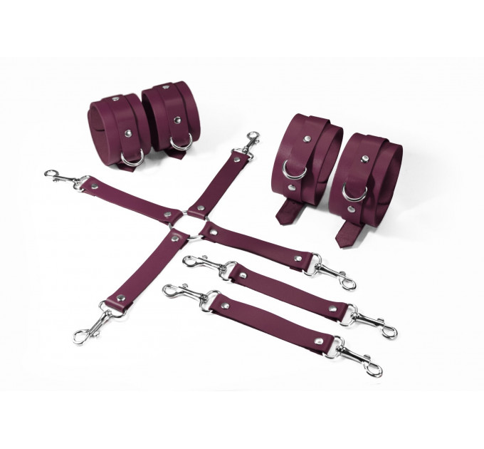 Набір для БДСМ 3 в 1 Feral Feelings BDSM Kit 3 Burgundy, burgundy, наручники, поножі, хрестовина