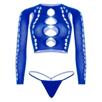 Комплект безшовної білизни Leg Avenue Long sleeve crop top &amp; string Royal Blue One Size, топ, стрінги — Переглянути зображення 3