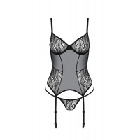 Корсет Passion LEAFA CORSET black L/XL, мягкие чашки, зажимы для чулок, стринги в комплекте