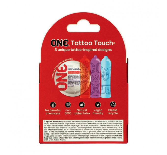 Презервативи ONE Tattoo Touch 3 шт, картонна коробка