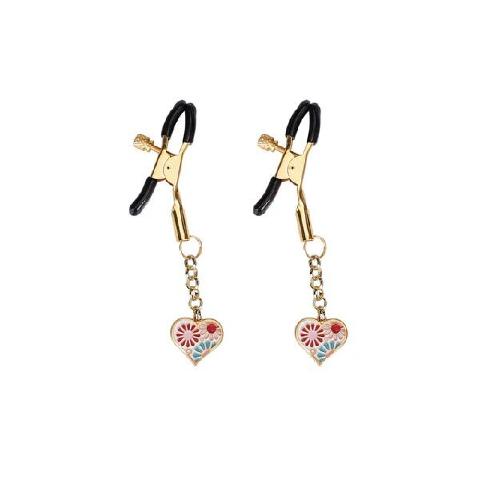 Затискачі для сосків з підвіскою Liebe Seele Nipple Clamps Gold Heart-shaped Flowers on White