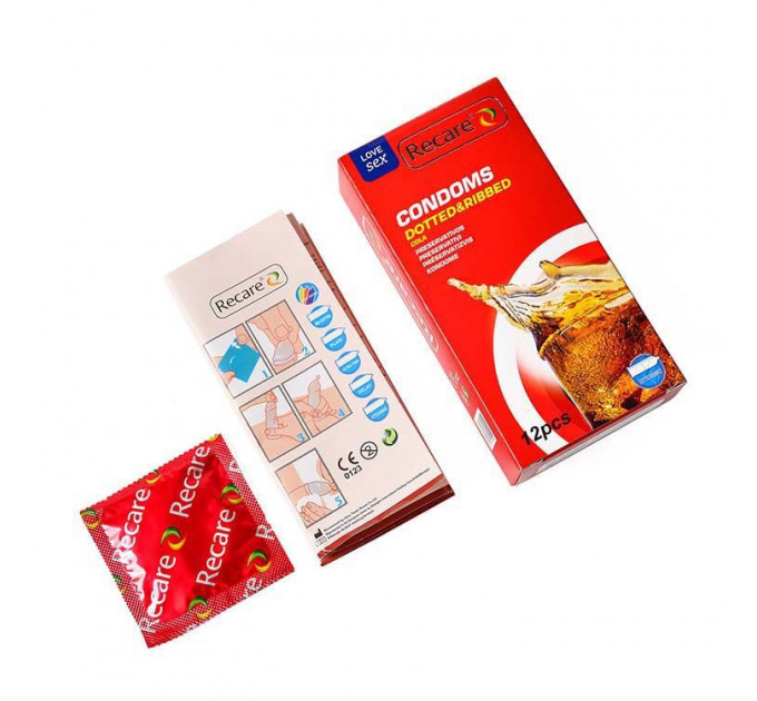 Презервативи Recare Cola Dotted&Ribbed Condoms 12 шт, з пухирцями та ребрами, аромат: Кола