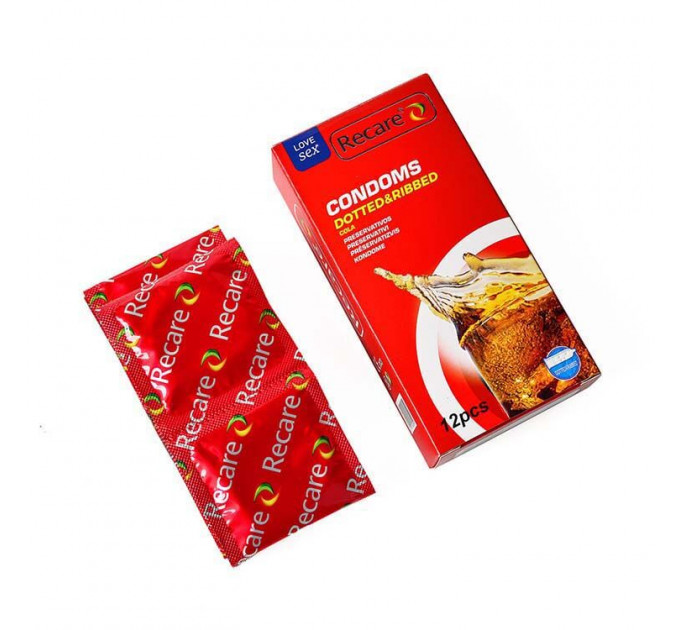 Презервативи Recare Cola Dotted&Ribbed Condoms 12 шт, з пухирцями та ребрами, аромат: Кола