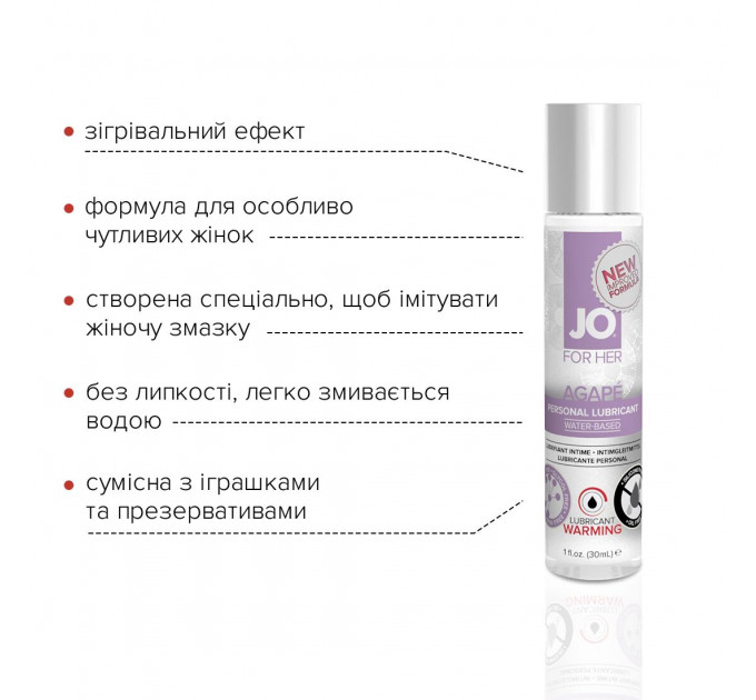 Розігрівальна змазка JO AGAPE — WARMING (30 мл) без гліцерину, гліколю та парабенів