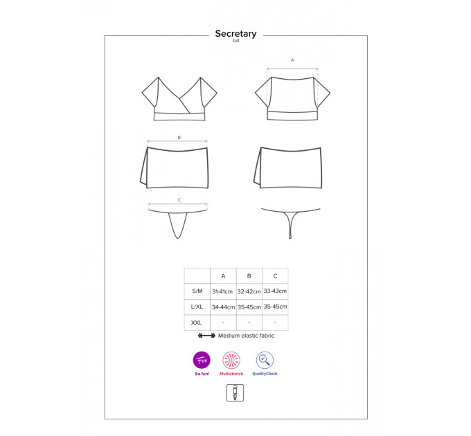 Еротичний костюм секретарки Obsessive Secretary suit 5pcs black S/M, чорно-білий, топ, спідниця, стр