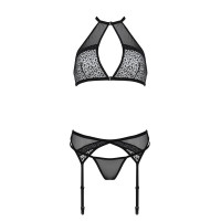 Комплект белья Passion SATARA SET L/XL black, топ, пояс для чулок, стринги