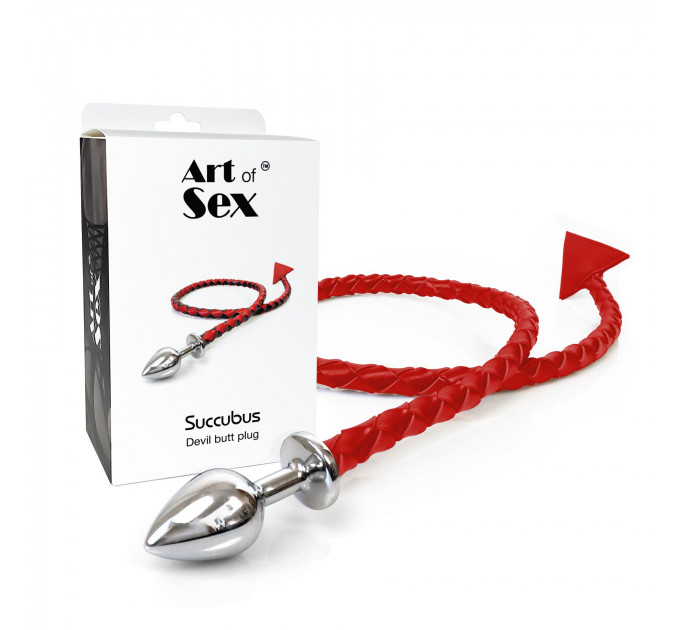 Металева анальна пробка M з диявольським хвостом Art of Sex - Succubus, екошкіра, червоний