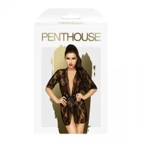 Комплект пеньюар з декором у вигляді троянд та стрінгами Penthouse - Sweet Retreat Black S/L — Переглянути зображення 3