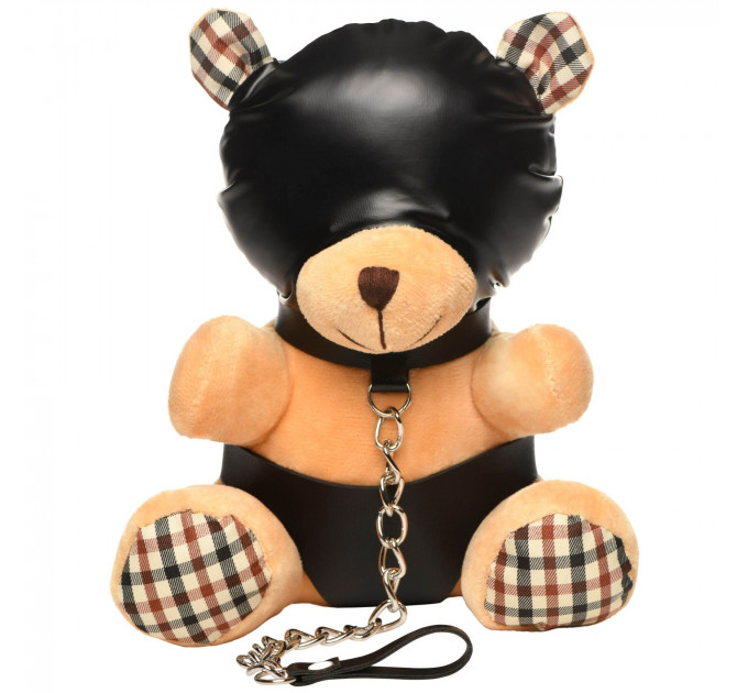 Плюшевий ведмедик HOODED Teddy Bear БДСМ у шкіряному капюшоні з повідцем, 23x16x12 см
