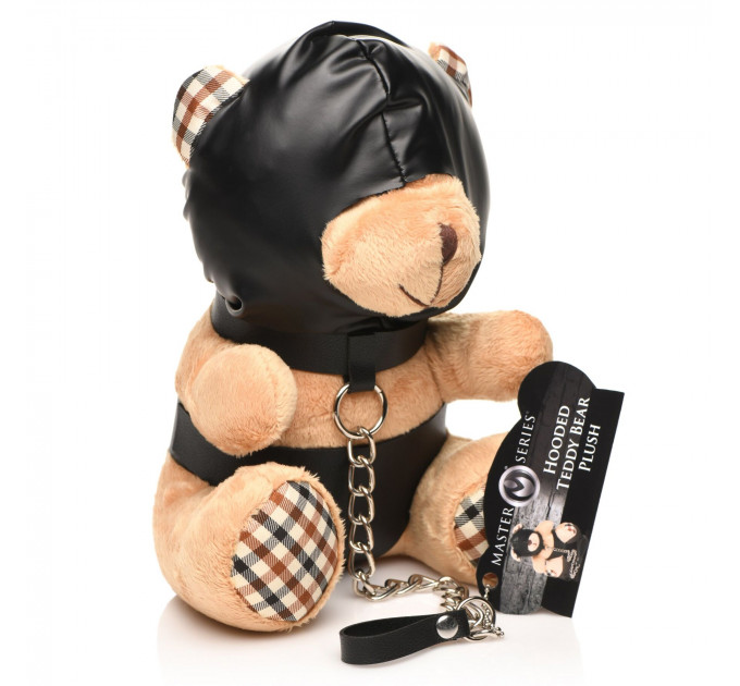 Плюшевий ведмедик HOODED Teddy Bear БДСМ у шкіряному капюшоні з повідцем, 23x16x12 см
