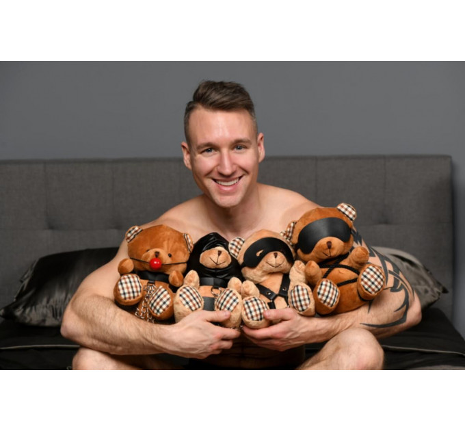 Плюшевий ведмедик HOODED Teddy Bear БДСМ у шкіряному капюшоні з повідцем, 23x16x12 см