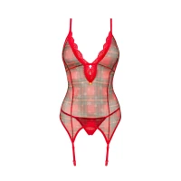 Корсет Obsessive Jollymore corset, XS/S, у клітинку, з мереживом, пажі для панчіх, стрінги в комплекті — Переглянути зображення 3