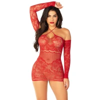 Мінісукня із сітки з мереживними акцентами Leg Avenue Seamless Off The Shoulder Mini Dress One Size, Red — Переглянути зображення 1