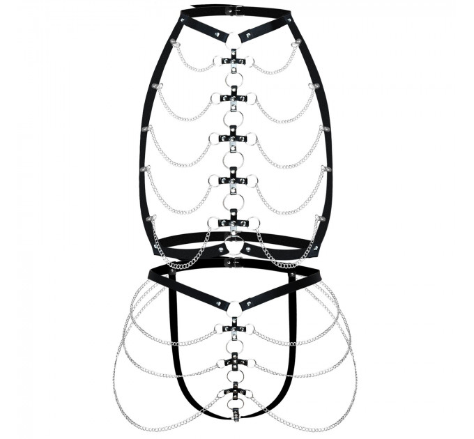 Набір портупея + трусики зі шкіри з ланцюжками Art of Sex - Cross, розмір L-2XL, колір чорний