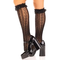 Гольфи ажурні Leg Avenue Sweetheart Ruffle Cuff Knee Highs, чорні, з рюшами, малюнок-сердечка — Просмотреть изображение 2