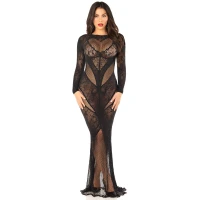 Сукня з довгим рукавом Leg Avenue Lace and Net Bodycon Gown One Size, Black — Переглянути зображення 2