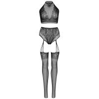 Еротичний комплект Leg Avenue Crop top and garter panty Black, топ, трусики з доступом, панчохи