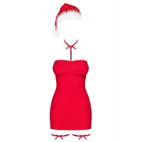 Новорічна сорочка Obsessive Kissmas chemise, L/XL, червона, чокер, гартери та шапочка з помпоном — Переглянути зображення 3